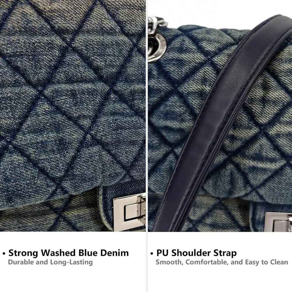 Luxurious Vintage Blue Denim Purse with Versatile Chain Straps & Flap Closure